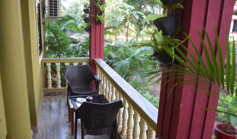 Private balcony with chairs overlooking palm trees near the beach